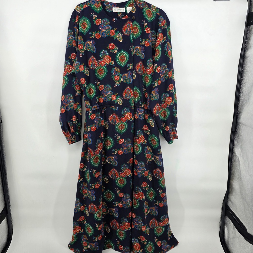 Liz‎ Claiborne sz 10 vintage Blue Paisley Floral Print Long Sleeve Midi Dress